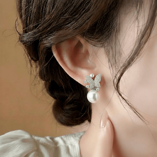 butterfly white beads with pearl hoops ¥-0006 (Silver) - MAWKLUXORA