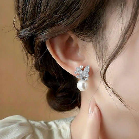butterfly white beads with pearl hoops ¥-0006 (Silver)