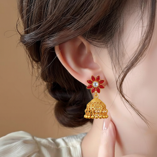 Traditional Flower Jhumka ¥-0029 (Golden-Red)