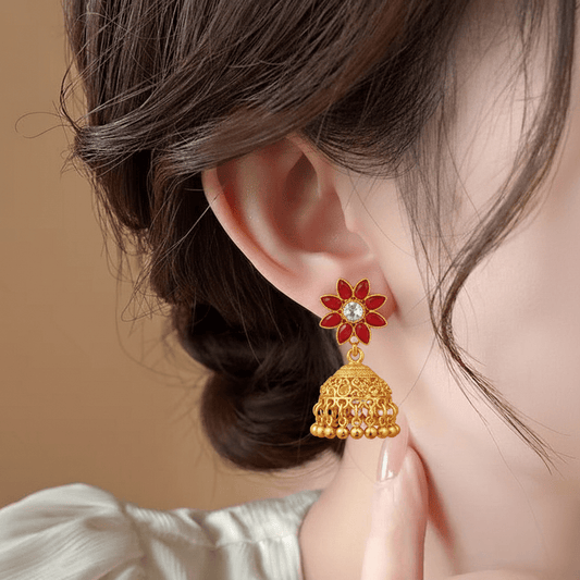 Traditional Flower Jhumka ¥-0029 (Golden-Red) - MAWKLUXORA