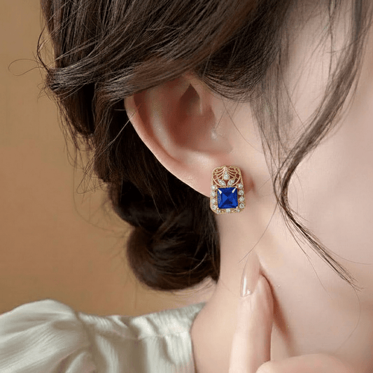 Cushion Cut Studs ¥-0037 (Golden-Blue) - MAWKLUXORA