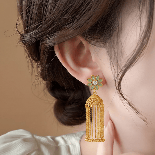 Traditional Flower Jhumka ¥-0029 (Golden-SeaGreen) - MAWKLUXORA
