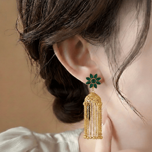 Traditional Flower Jhumka ¥-0029 (Golden-Green) - MAWKLUXORA