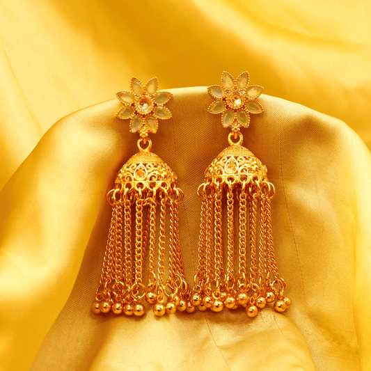 Traditional Flower Jhumka ¥-0029 (Golden-SeaGreen) - MAWKLUXORA