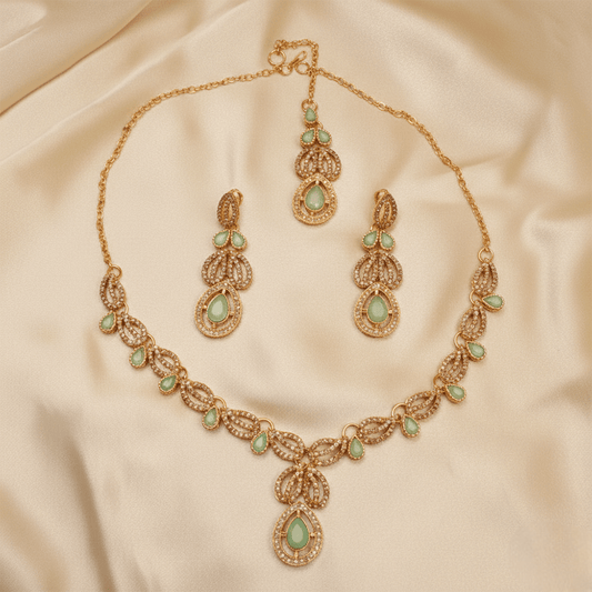 Regal Peach Blossom Nacklace Set $_0070 (Golden-SeaGreen) - MAWKLUXORA