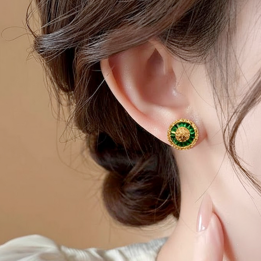 Circle Studs With Gemstones ¥-0025 (Golden-Green)