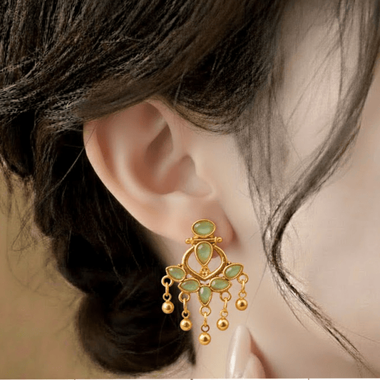 Turkish Leave Earrings ¥-0035 (Golden-Sea Greeen) - MAWKLUXORA