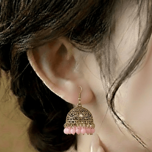 Traditional Jhumka $_0060 (Golden-Pink) - MAWKLUXORA