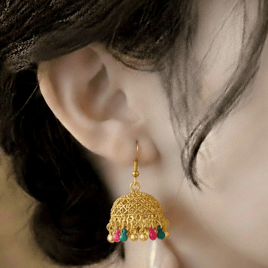 Traditional Jhumka $_0060 (Golden-Multishade) - MAWKLUXORA