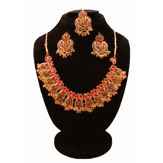 Kundan Style Set $_0072 (Golden-Red) - MAWKLUXORA