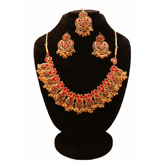 Kundan Style Set $_0072 (Golden-Red)