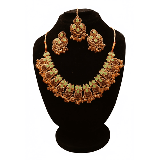 Kundan Style Set $_0072 (Golden-SeaGreen) - MAWKLUXORA