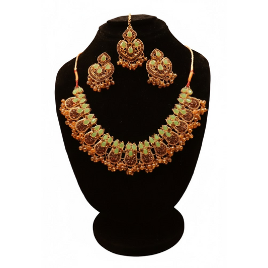 Kundan Style Set $_0072 (Golden-SeaGreen)