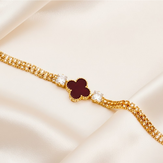 Shiny zircon lucky clover stacked bracelet $_0061 (Golden-Brown)