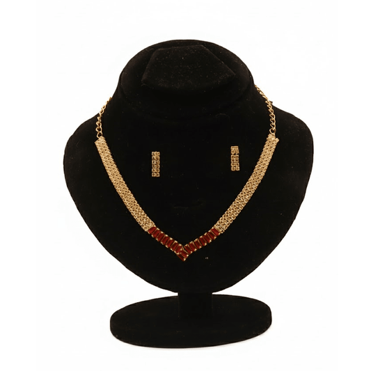 V Shape Gemstone Nacklace Set $_0047 (Golden-Red) - MAWKLUXORA