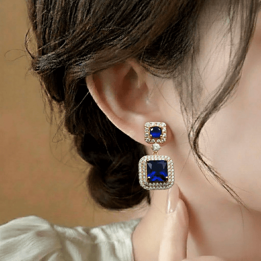Cubic zirconia Earrings ¥-0028 (Golden-Blue) - MAWKLUXORA
