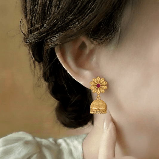 Ruby Blossom Jhumka ¥-0042 (Golden-Red) - MAWKLUXORA