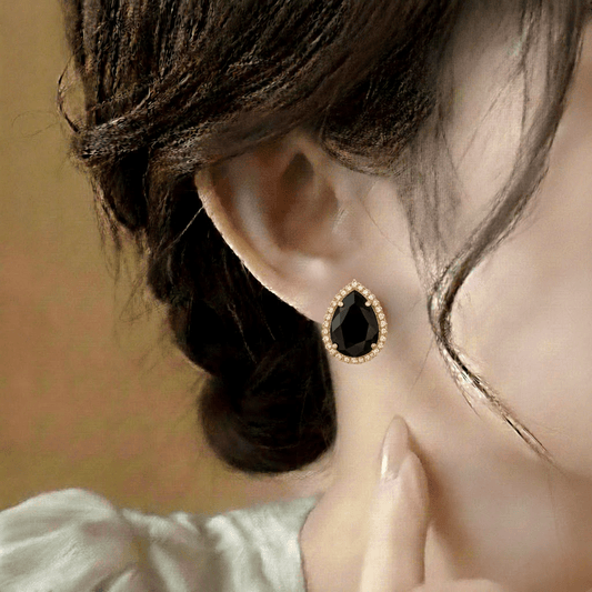 Pear Shaped Studs earrings $_0052 (Golden-Black) - MAWKLUXORA