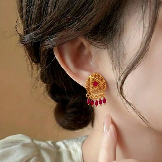 Dome Earrings with CZ Tassels ¥-0040 (Golden-Red)