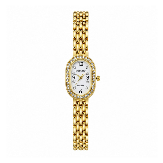 Elegant Women’s Golden and White Oval Dial Watch with Crystal Border SOU512