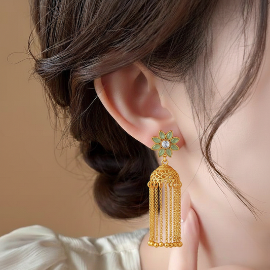 Traditional Flower Jhumka ¥-0029 (Golden-SeaGreen)