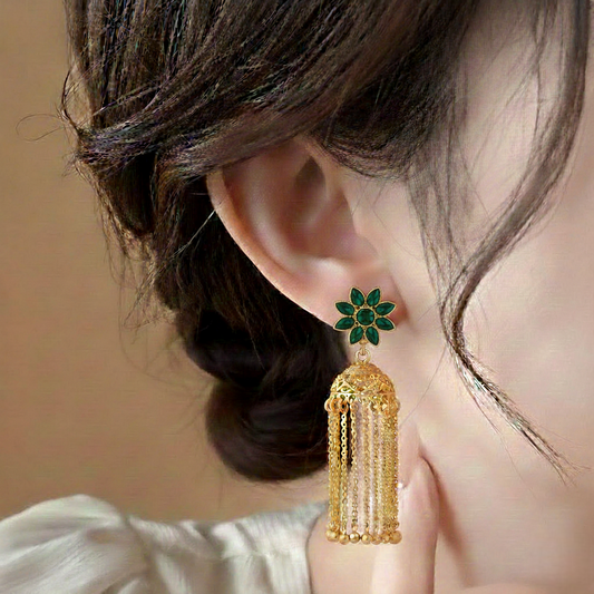 Traditional Flower Jhumka ¥-0029 (Golden-Green)