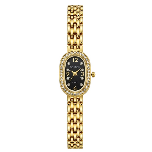 Elegant Women’s Golden and Black Oval Dial Watch with Crystal Border SOU512