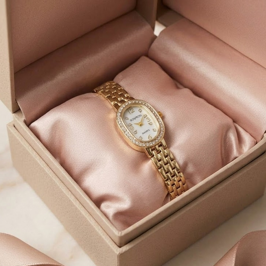 Elegant Women’s Golden and White Oval Dial Watch with Crystal Border SOU512