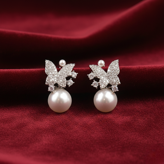 butterfly white beads with pearl hoops ¥-0006 (Silver)