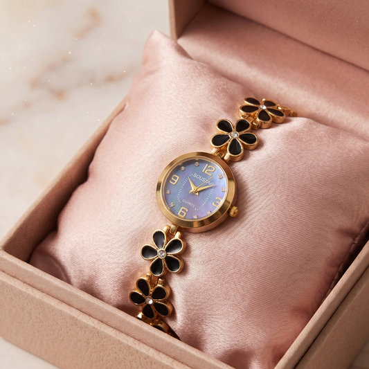 Midnight Bloom Golden & Black Floral Watch SOU623