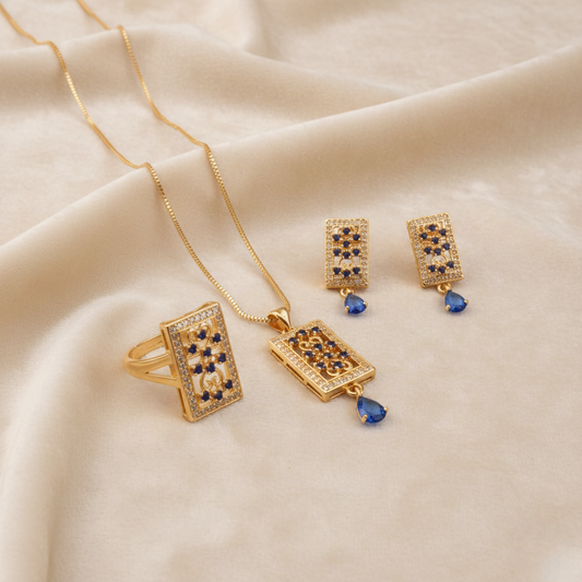 Sapphire Gold Jewelry Set ¥-0015 (Golden-Blue)