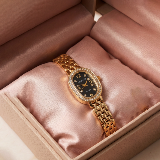 Elegant Women’s Golden and Black Oval Dial Watch with Crystal Border SOU512