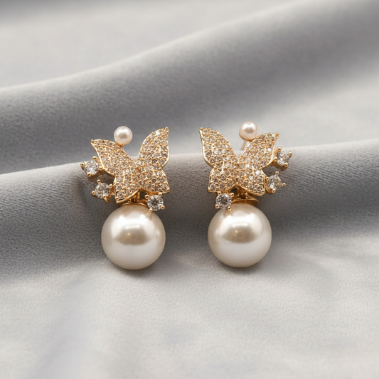 butterfly white beads with pearl hoops ¥-0006 (Golden)
