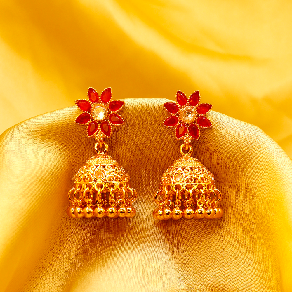 Traditional Flower Jhumka ¥-0029 (Golden-Red)
