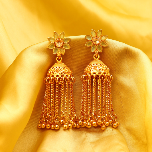 Traditional Flower Jhumka ¥-0029 (Golden-SeaGreen)