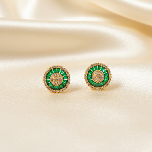 Circle Studs With Gemstones ¥-0025 (Golden-Green)