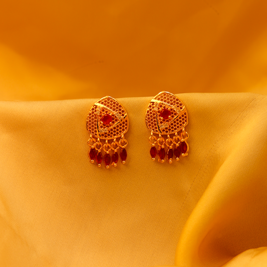 Dome Earrings with CZ Tassels ¥-0040 (Golden-Red)