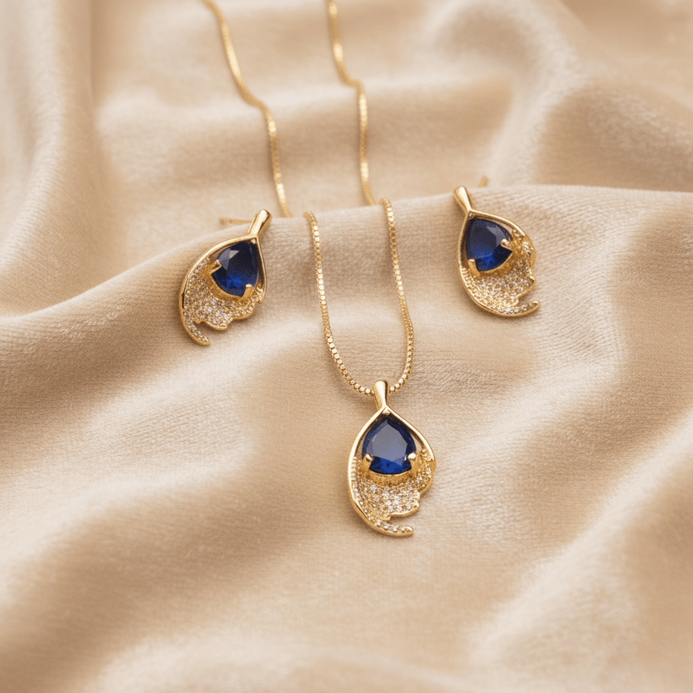 Royal Blue Teardrop Pendant & Stud Set ¥-0020 (Golden-Blue) - MAWKLUXORA