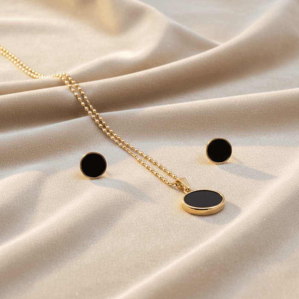 Gold-Tone Circle Pendant & Stud Set ¥-0021 (Golden-Black) - MAWKLUXORA