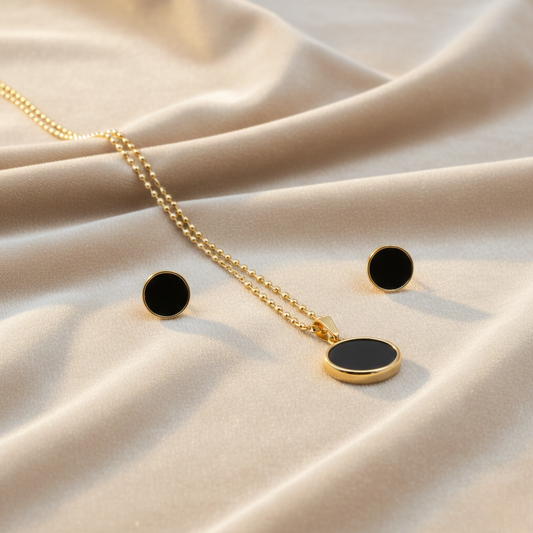 Gold-Tone Circle Pendant & Stud Set ¥-0021 (Golden-Black)