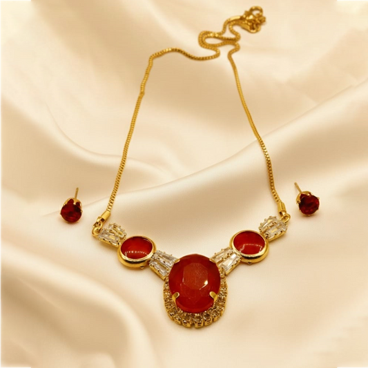 Oval Statement Nacklace Set $_0067 (Golden-Red)