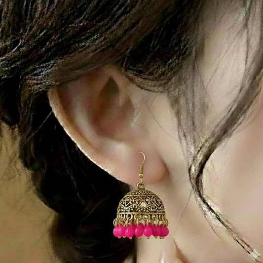 Traditional Jhumka $_0060 (Golden-Shocking Pink)