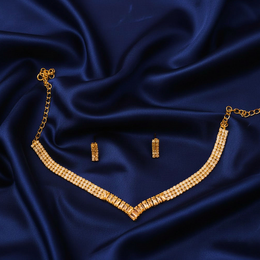 V Shape Gemstone Nacklace Set $_0047 (Golden-Pink)