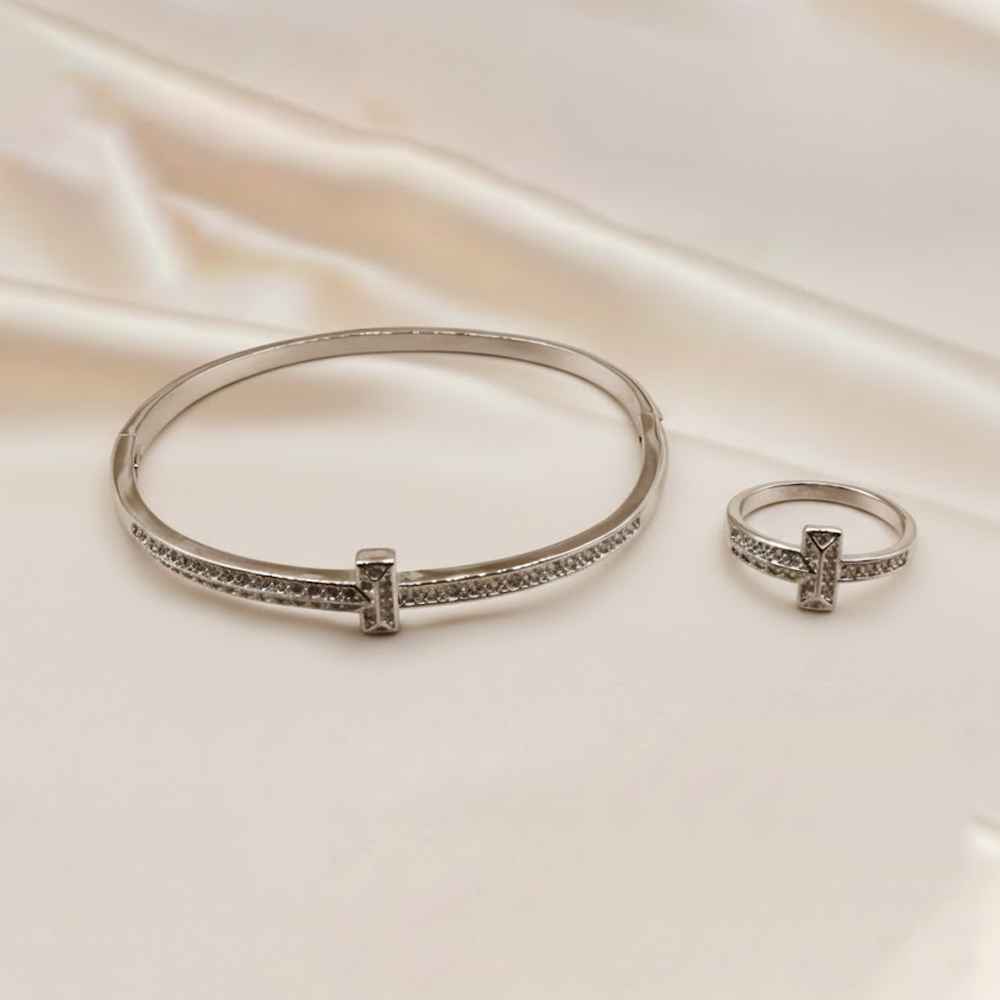 Tiffany Pave Narrow Pave Diamond Bracelet with ring  TL-0086 (Silver)