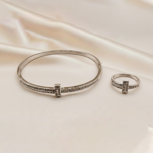 Tiffany Pave Narrow Pave Diamond Bracelet with ring  TL-0086 (Silver)