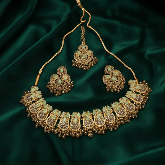 Kundan Style Set $_0072 (Golden-SeaGreen)