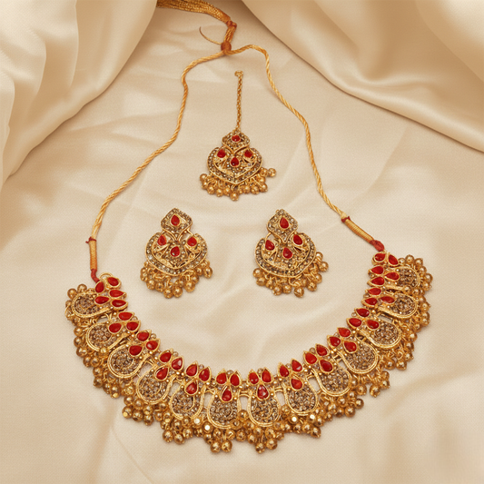 Kundan Style Set $_0072 (Golden-Red)