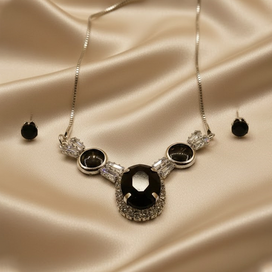 Oval Statement Nacklace Set $_0067 (Silver-Black)