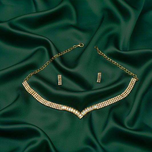 V Shape Gemstone Nacklace Set $_0047 (RoseGold-Tranperant)