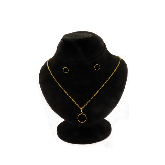 Gold-Tone Circle Pendant & Stud Set ¥-0021 (Golden-Black)